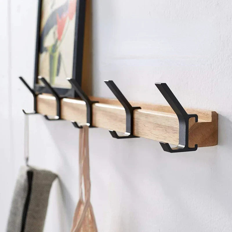 Wall-Mounted Coat Rack with Adjustable Dual Hooks, Black & Wood Entryway Rack