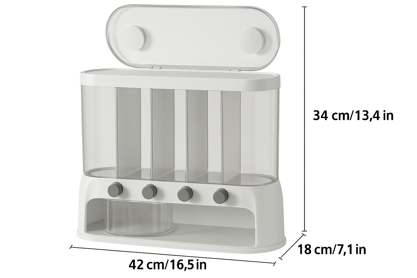 Airtight Grain Storage Dispenser, Multi-Compartment Pantry Container with Flip Lid