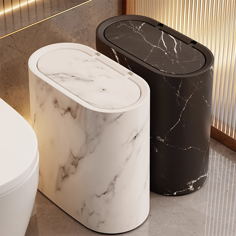 Marble Pattern Trash Can with Lid, Slim Bathroom & Kitchen Bin, 3 Finishes