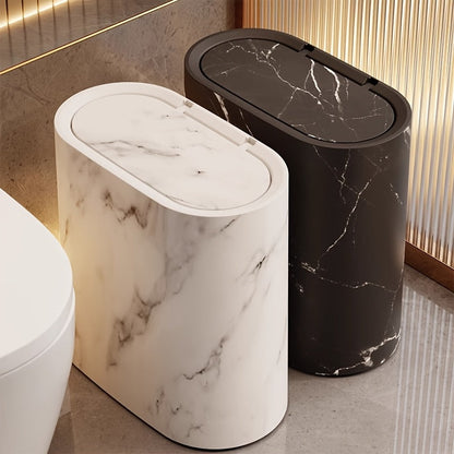 Marble Pattern Trash Can with Lid, Slim Bathroom & Kitchen Bin, 3 Finishes