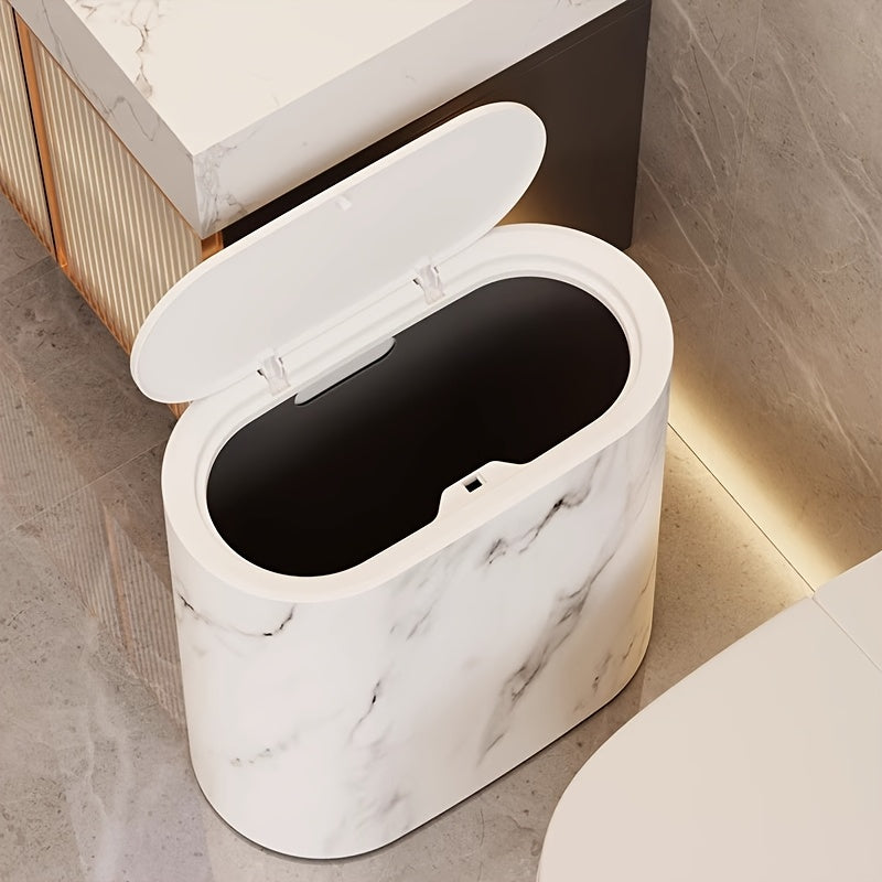 Marble Pattern Trash Can with Lid, Slim Bathroom & Kitchen Bin, 3 Finishes