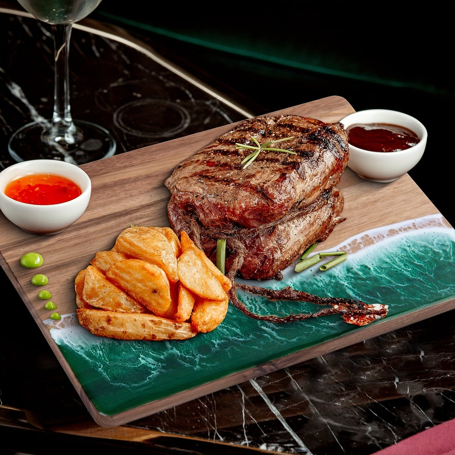 Resin & Acacia Wood Cutting Board, Ocean Wave Cheese & Serving Board