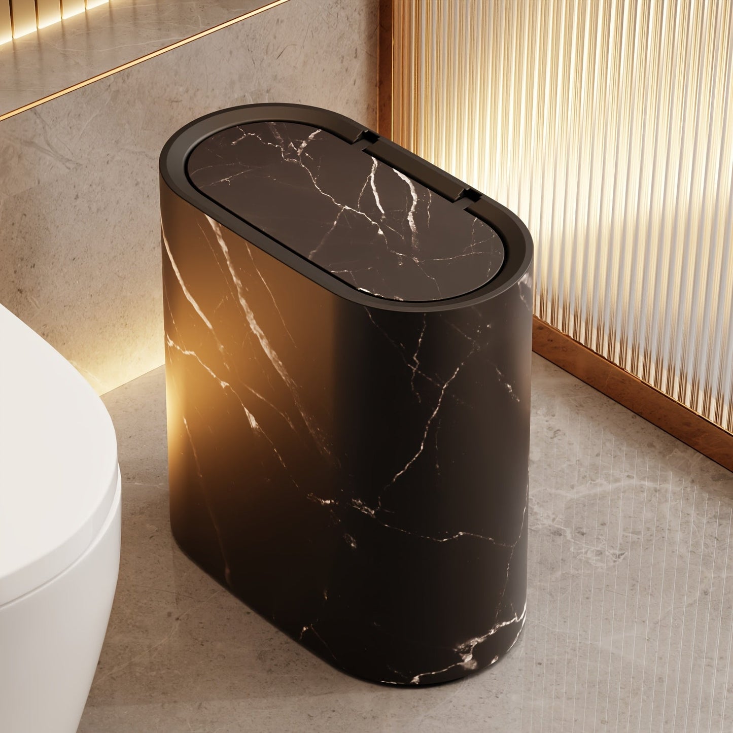 Marble Pattern Trash Can with Lid, Slim Bathroom & Kitchen Bin, 3 Finishes