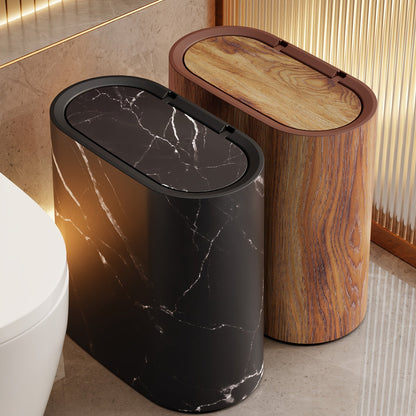 Marble Pattern Trash Can with Lid, Slim Bathroom & Kitchen Bin, 3 Finishes