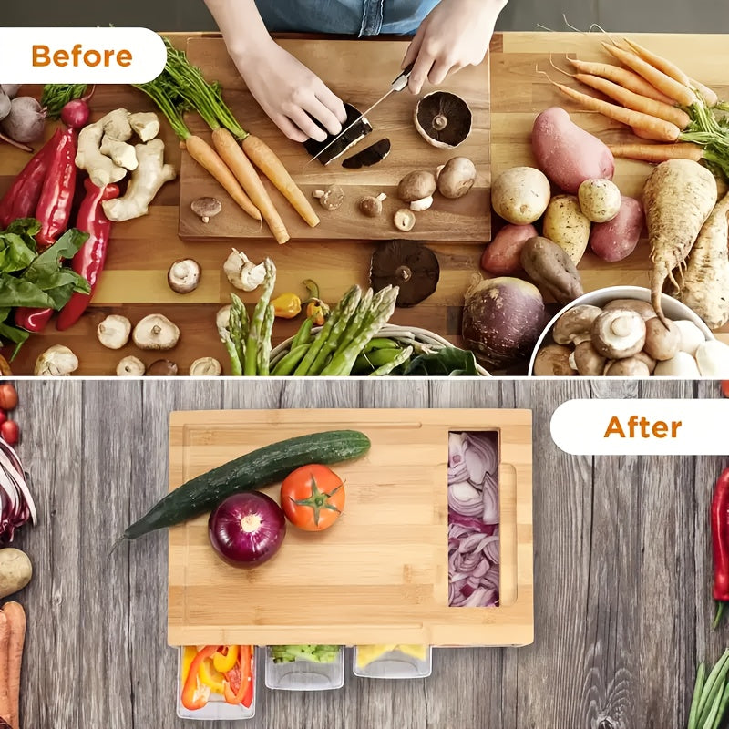 Bamboo Cutting Board with Trays & Graters, Multifunctional Kitchen Prep Station
