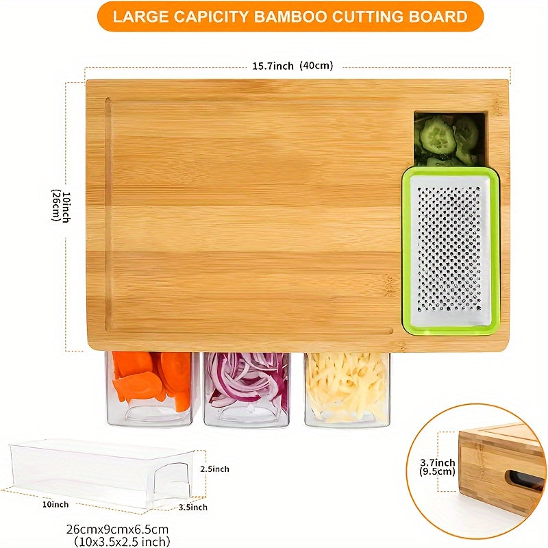 Bamboo Cutting Board with Trays & Graters, Multifunctional Kitchen Prep Station