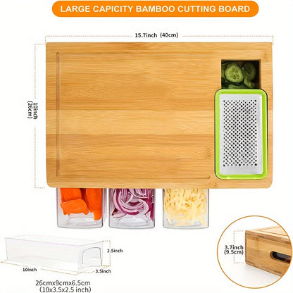 Bamboo Cutting Board with Trays & Graters, Multifunctional Kitchen Prep Station