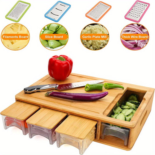 Bamboo Cutting Board with Trays & Graters, Multifunctional Kitchen Prep Station