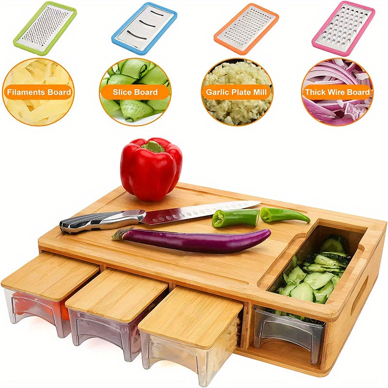 Bamboo Cutting Board with Trays & Graters, Multifunctional Kitchen Prep Station