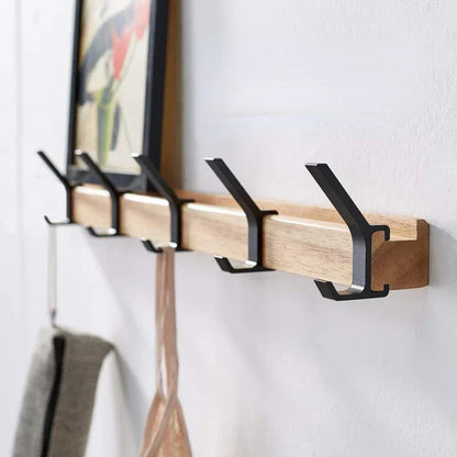 Wall-Mounted Coat Rack with Adjustable Dual Hooks, Black & Wood Entryway Rack