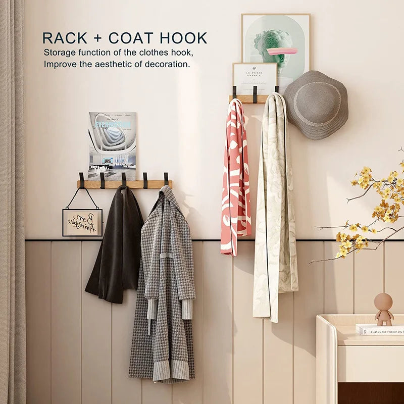 Wall-Mounted Coat Rack with Adjustable Dual Hooks, Black & Wood Entryway Rack