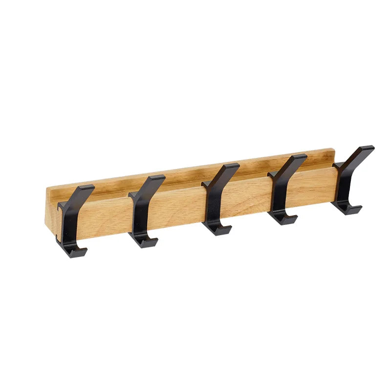 Wall-Mounted Coat Rack with Adjustable Dual Hooks, Black & Wood Entryway Rack