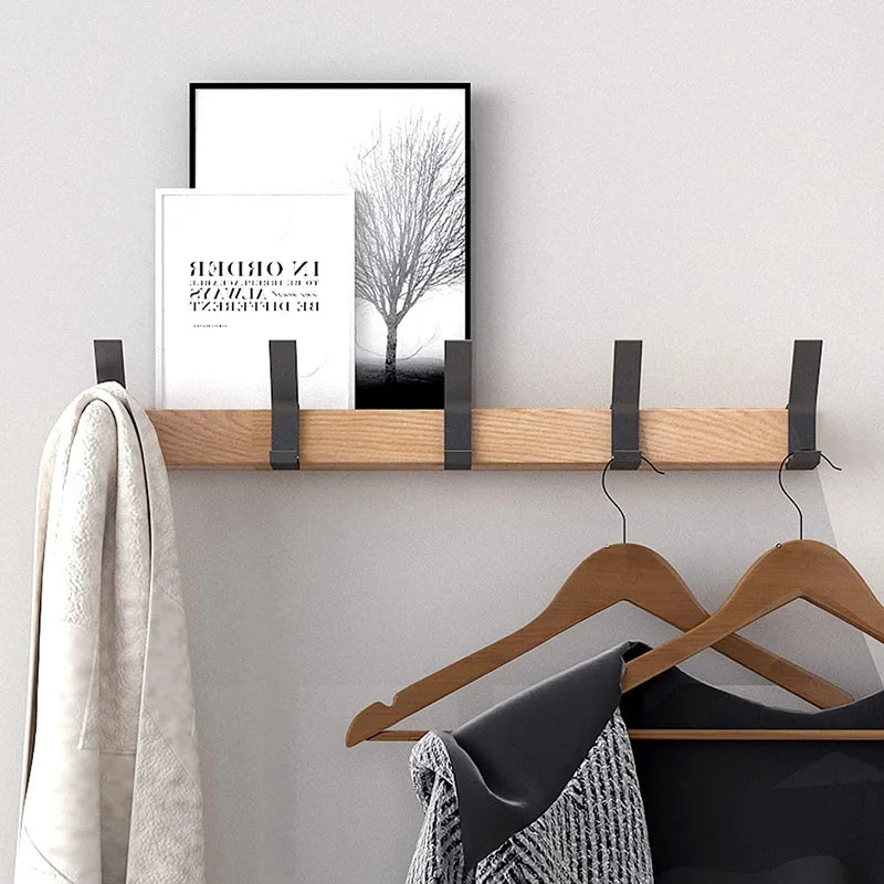Wall-Mounted Coat Rack with Adjustable Dual Hooks, Black & Wood Entryway Rack
