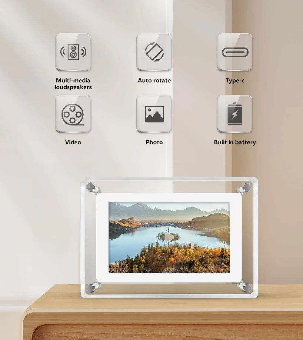 Acrylic Digital Photo Frame, Portable IPS Display with Built-in Battery