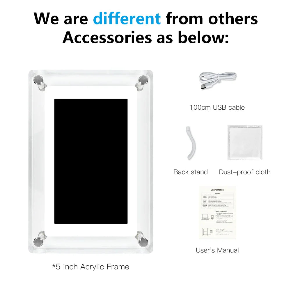 Acrylic Digital Photo Frame, Portable IPS Display with Built-in Battery