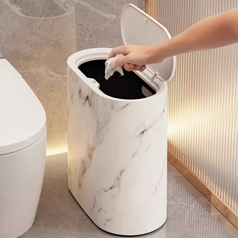 Marble Pattern Trash Can with Lid, Slim Bathroom & Kitchen Bin, 3 Finishes