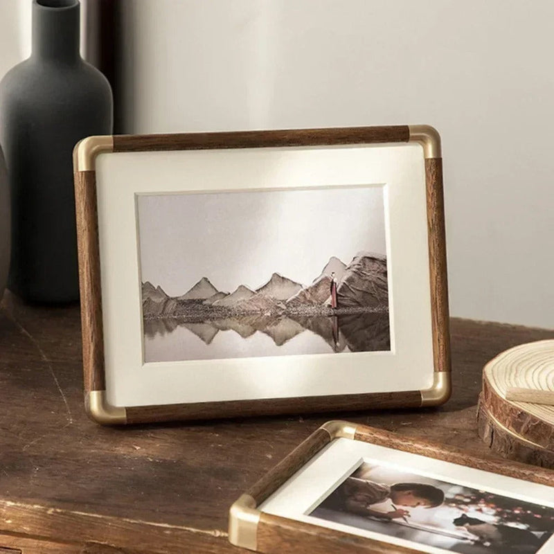Vintage Wood & Brass Tabletop Photo Frame, Teak or Walnut, 9x13 to 25x30 cm