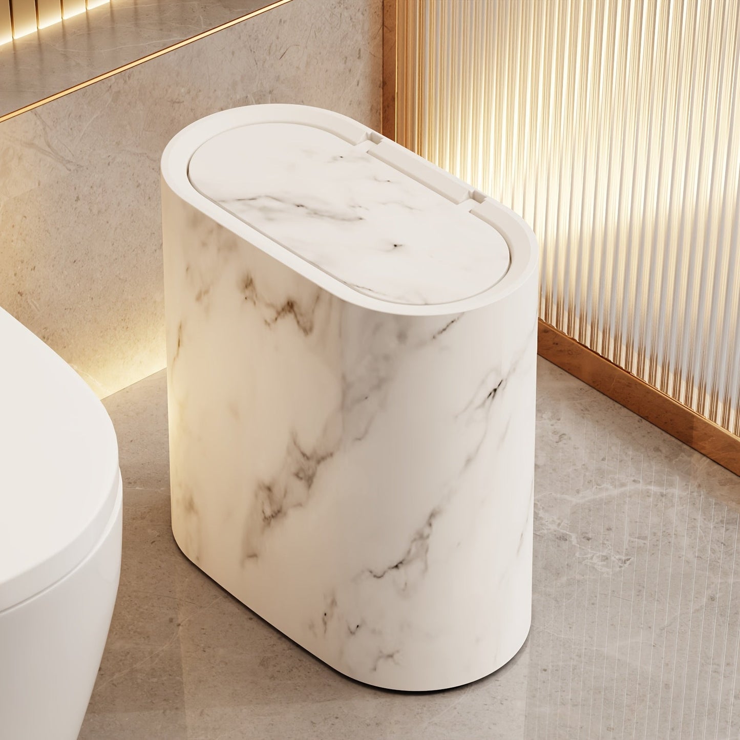 Marble Pattern Trash Can with Lid, Slim Bathroom & Kitchen Bin, 3 Finishes