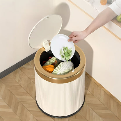 Oval Press-Top Trash Can with Inner Bucket, Slim Bathroom Waste Bin