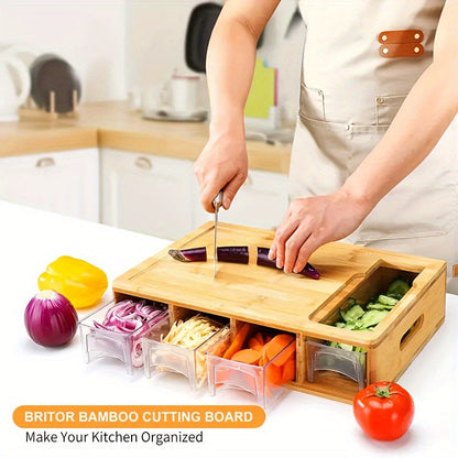 Bamboo Cutting Board with Trays & Graters, Multifunctional Kitchen Prep Station