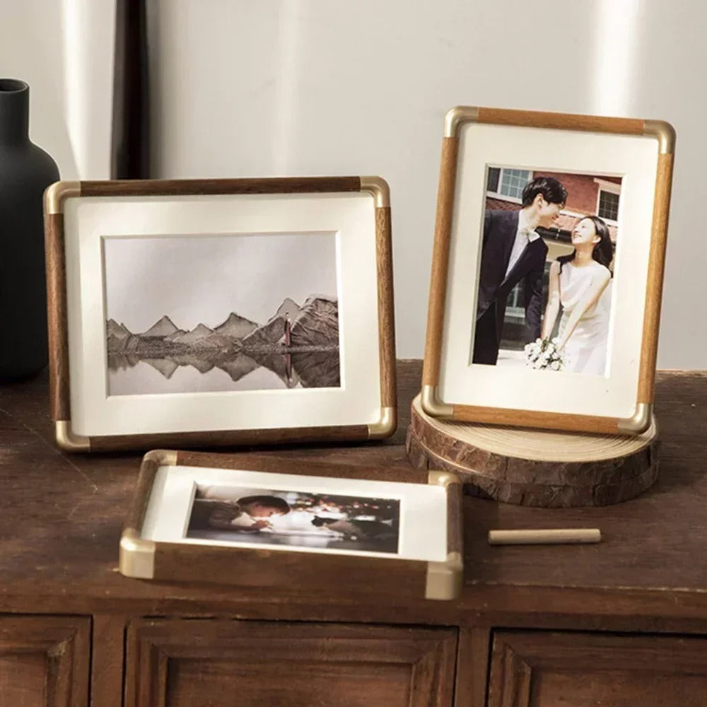 Vintage Wood & Brass Tabletop Photo Frame, Teak or Walnut, 9x13 to 25x30 cm