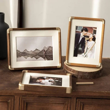 Vintage Wood & Brass Tabletop Photo Frame, Teak or Walnut, 9x13 to 25x30 cm