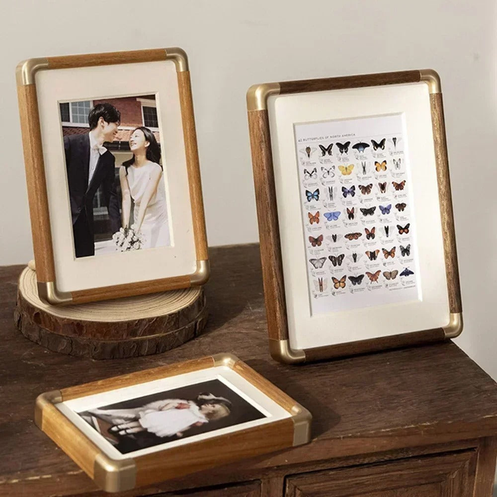 Vintage Wood & Brass Tabletop Photo Frame, Teak or Walnut, 9x13 to 25x30 cm
