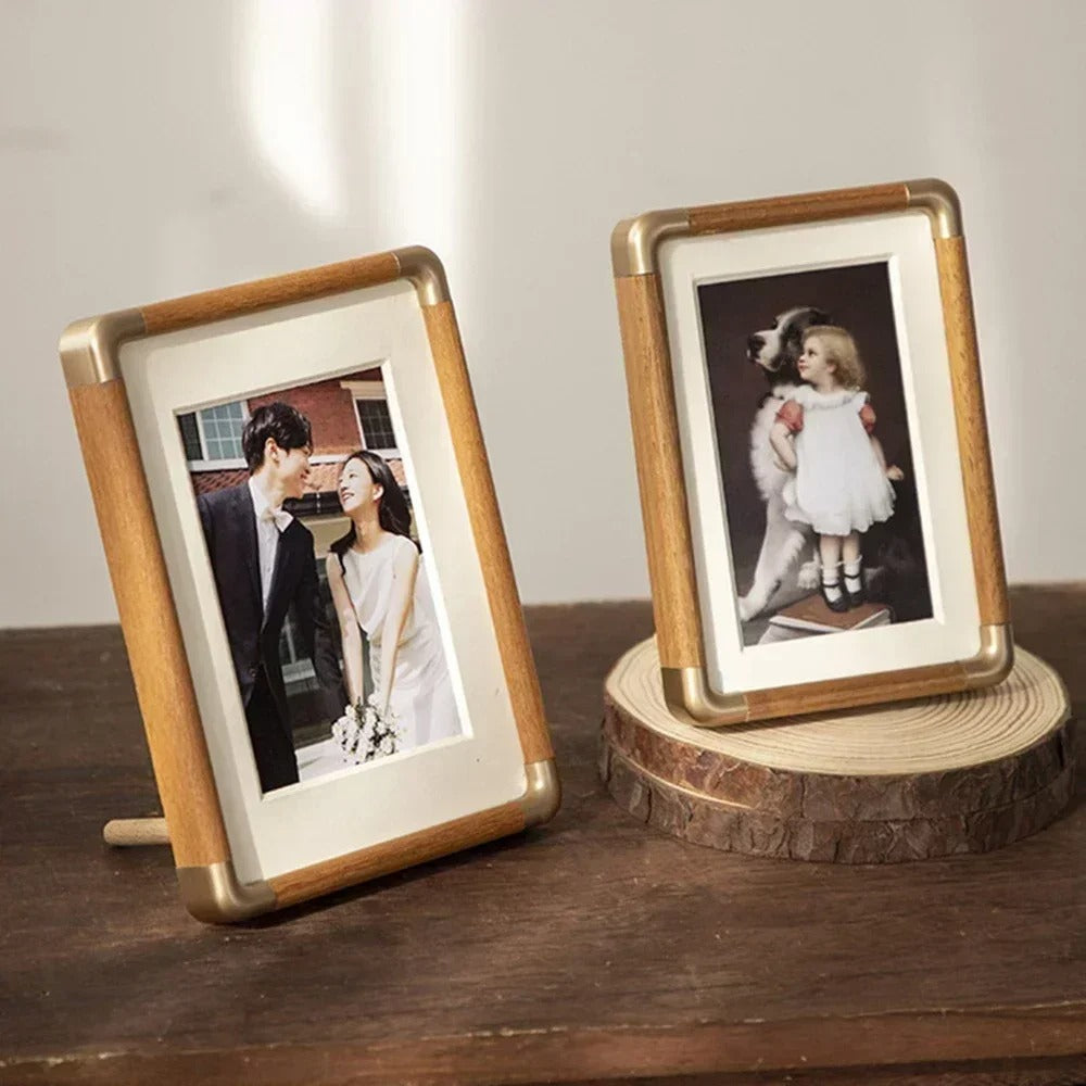 Vintage Wood & Brass Tabletop Photo Frame, Teak or Walnut, 9x13 to 25x30 cm